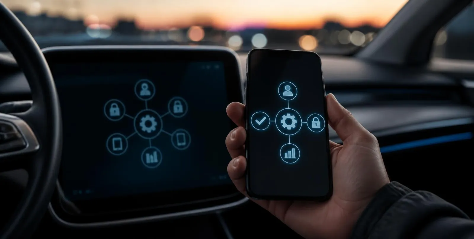 Hand holding a phone with automation icons inside a modern car