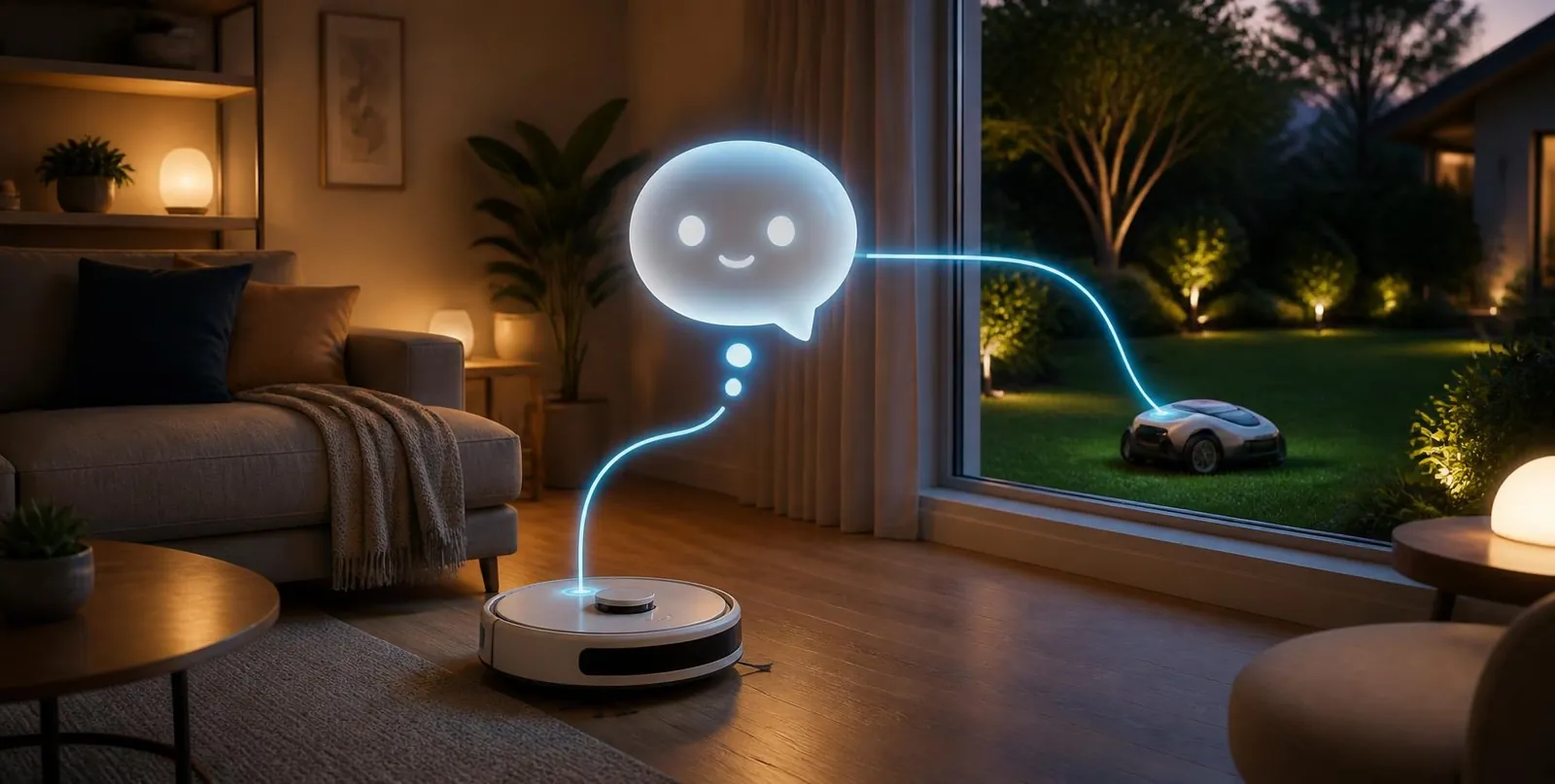 Robot vacuum and robot mower linked to a chat bubble in a cozy home