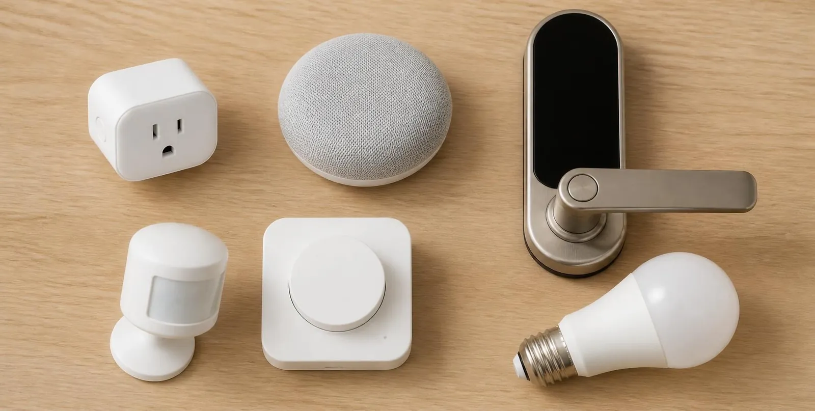 Smart plug, speaker, lock, sensor, switch and bulb on a wooden table