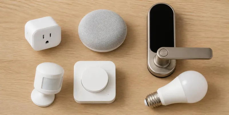 Smart plug, speaker, lock, sensor, switch and bulb on a wooden table