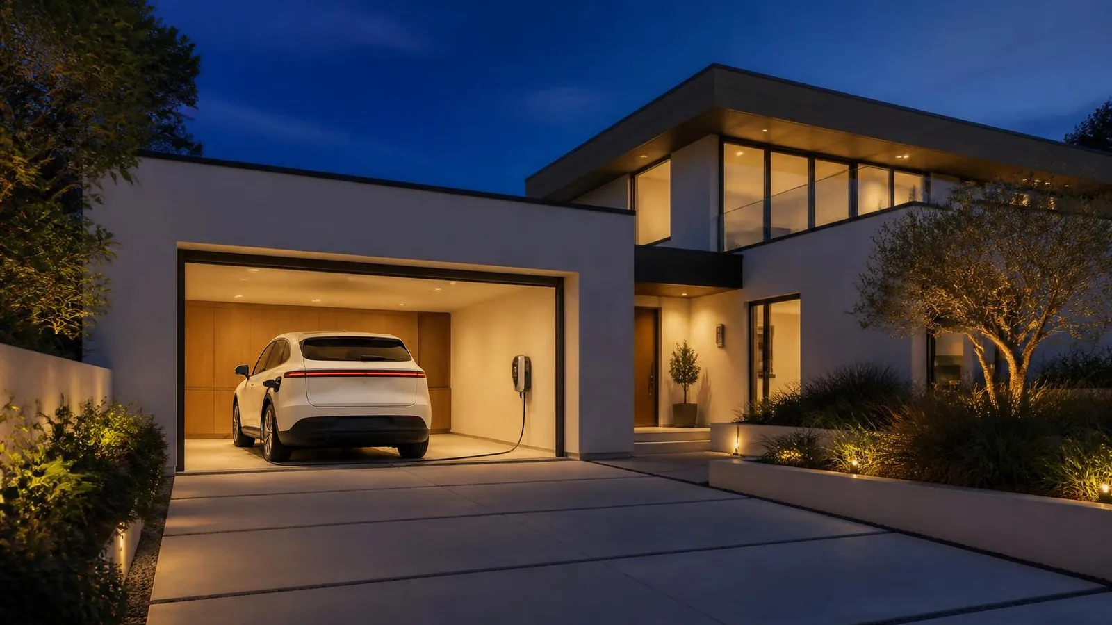 A modern home at dusk with warm lights and a white electric SUV charging in an open garage